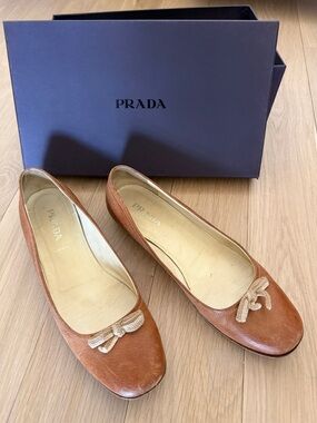 Prada Tan Leather Ballet Flats with Bow